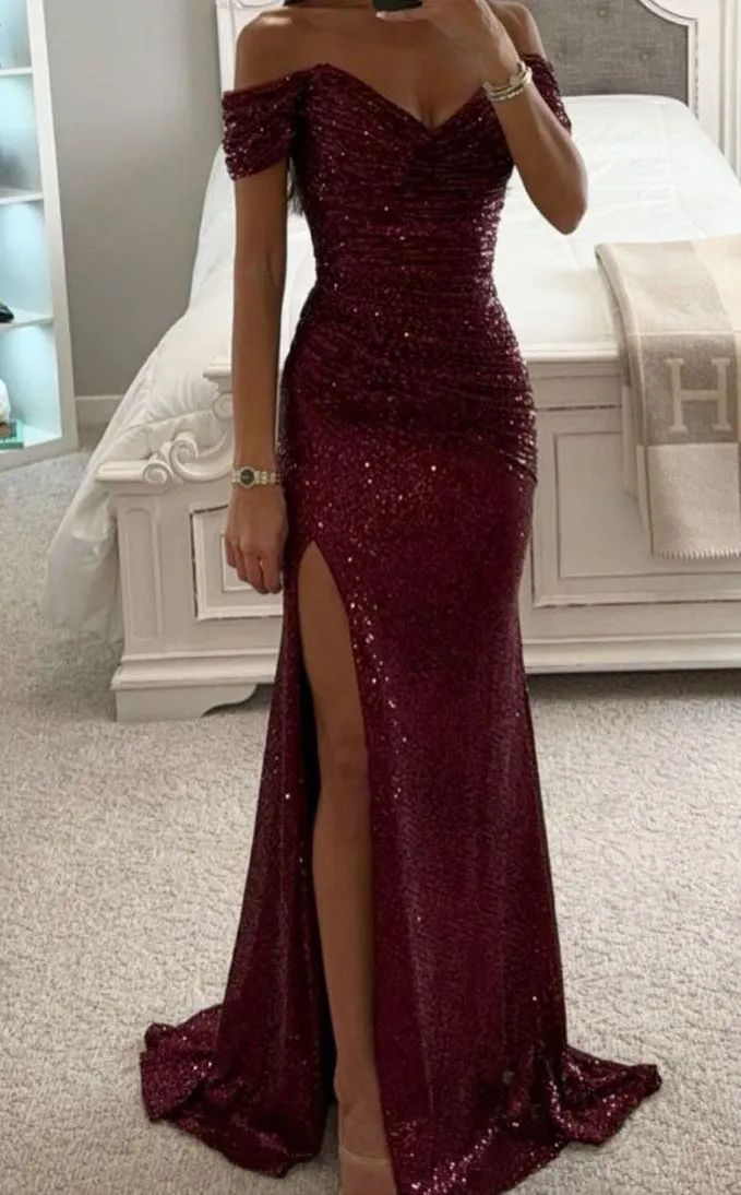 Fashion Party Sequins Off-Neck Split Dress