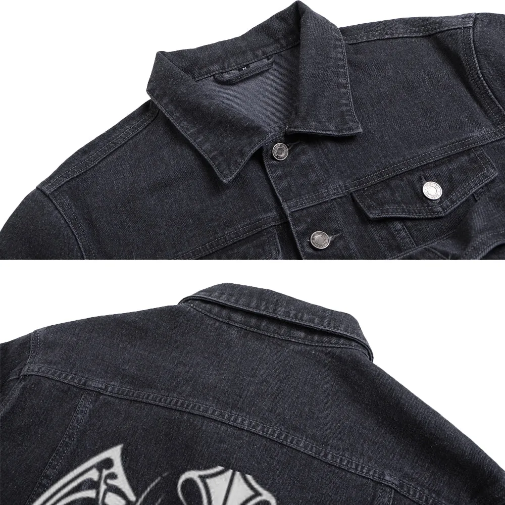 Mens Winged Tribal Cross Graphic Button Up Denim Jacket