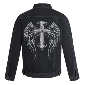 Mens Winged Tribal Cross Graphic Button Up Denim Jacket