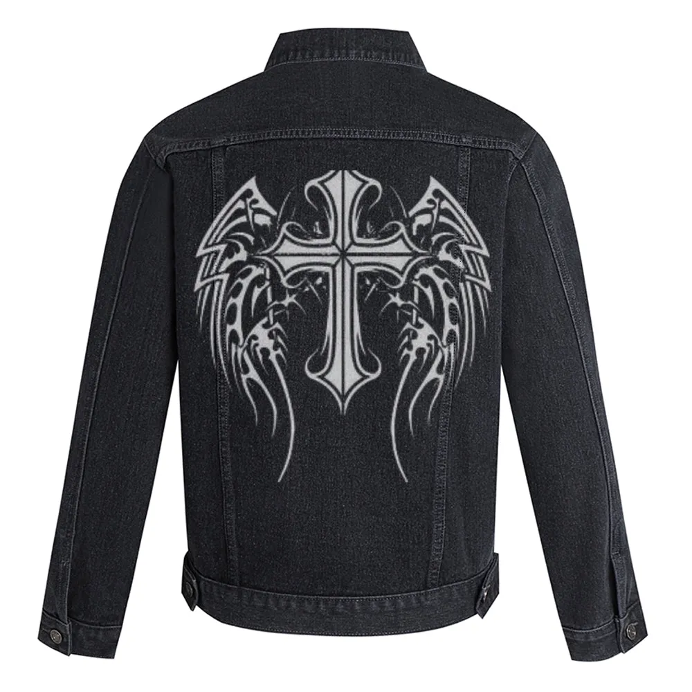 Mens Winged Tribal Cross Graphic Button Up Denim Jacket
