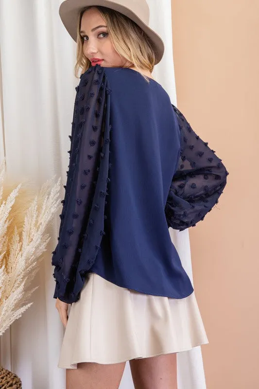 TUFTED DOT V-NECK BLOUSE TOP