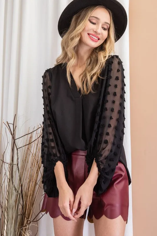 TUFTED DOT V-NECK BLOUSE TOP