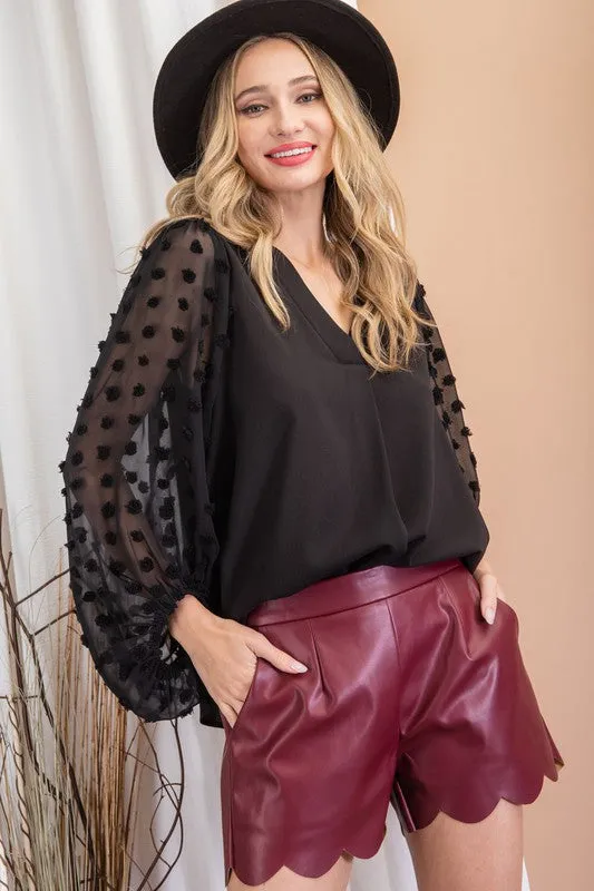 TUFTED DOT V-NECK BLOUSE TOP